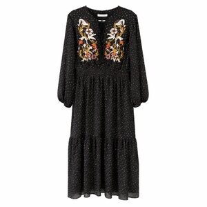 Rusttydustty Black Embroidered Boho Dress 3XL Cottagecore Tassel Ruffle Hem